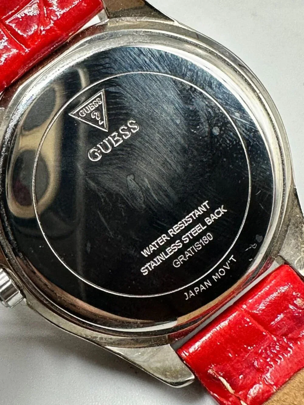 Guess Watch Women Silver Tone Logo Dial 36MM Red Leather Band New Battery